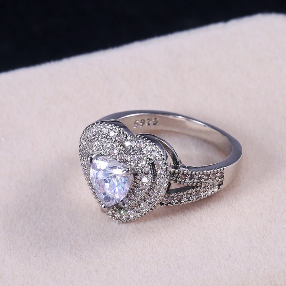 NEW Silver Double Halo Diamond Heart Ring - Picture 5 of 5